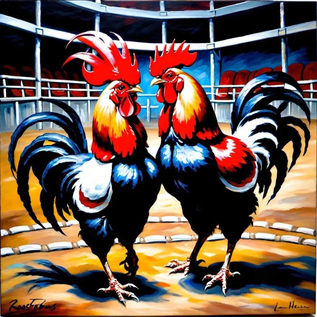 Prompt: Roosters fighting in an arena oil painting