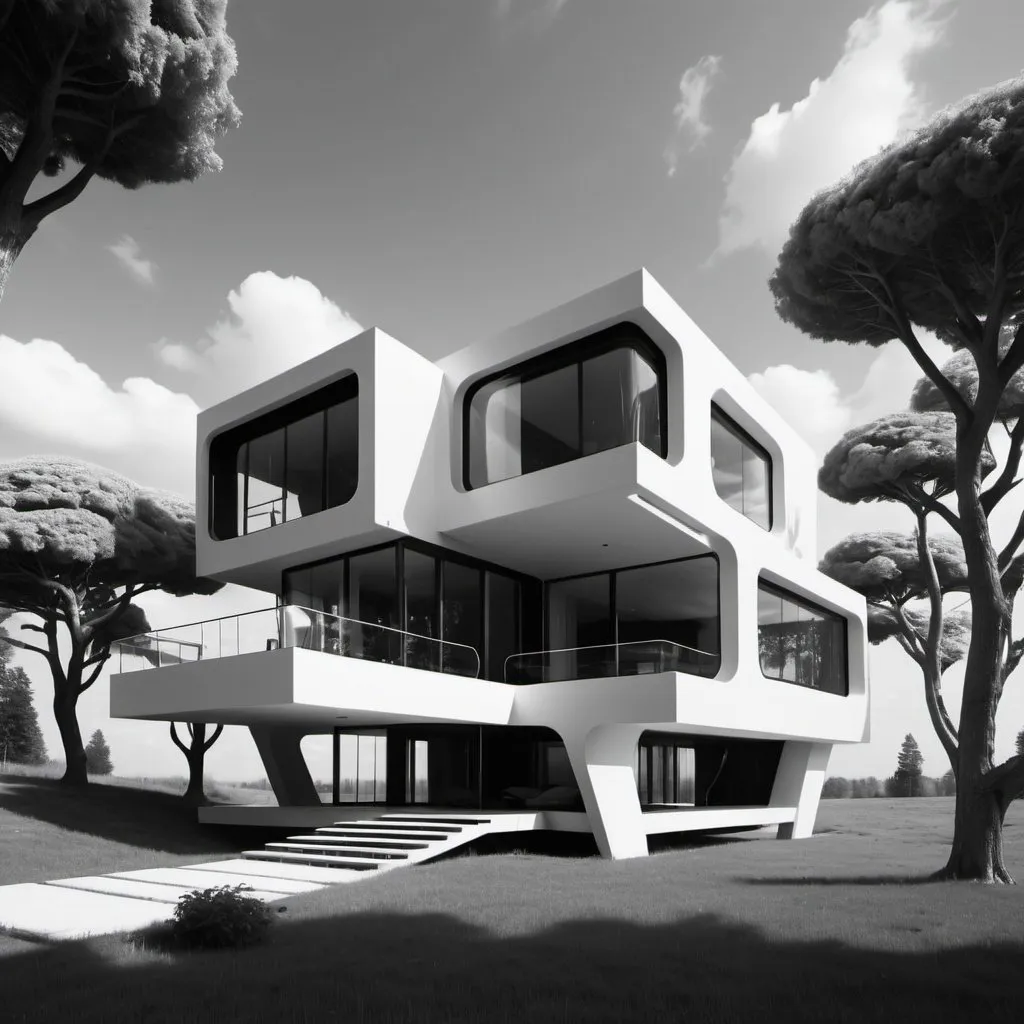 Prompt: Futuristic house with trees. UHD 4K. Black and white 