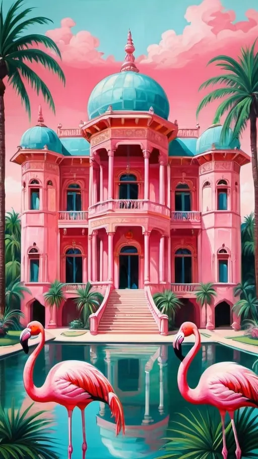 Prompt: Huge exotic palace with palm trees and flamingos painting 