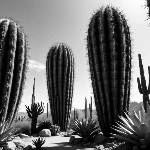 Prompt: Futuristic buildings. Giant cacti. 8K. UHD. HDR. Super detailed. Black and white.