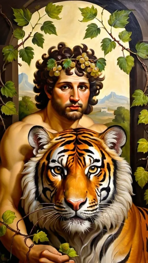 Prompt: Portrait of god Bacchus with vine leaves and tiger. Oil painting 
