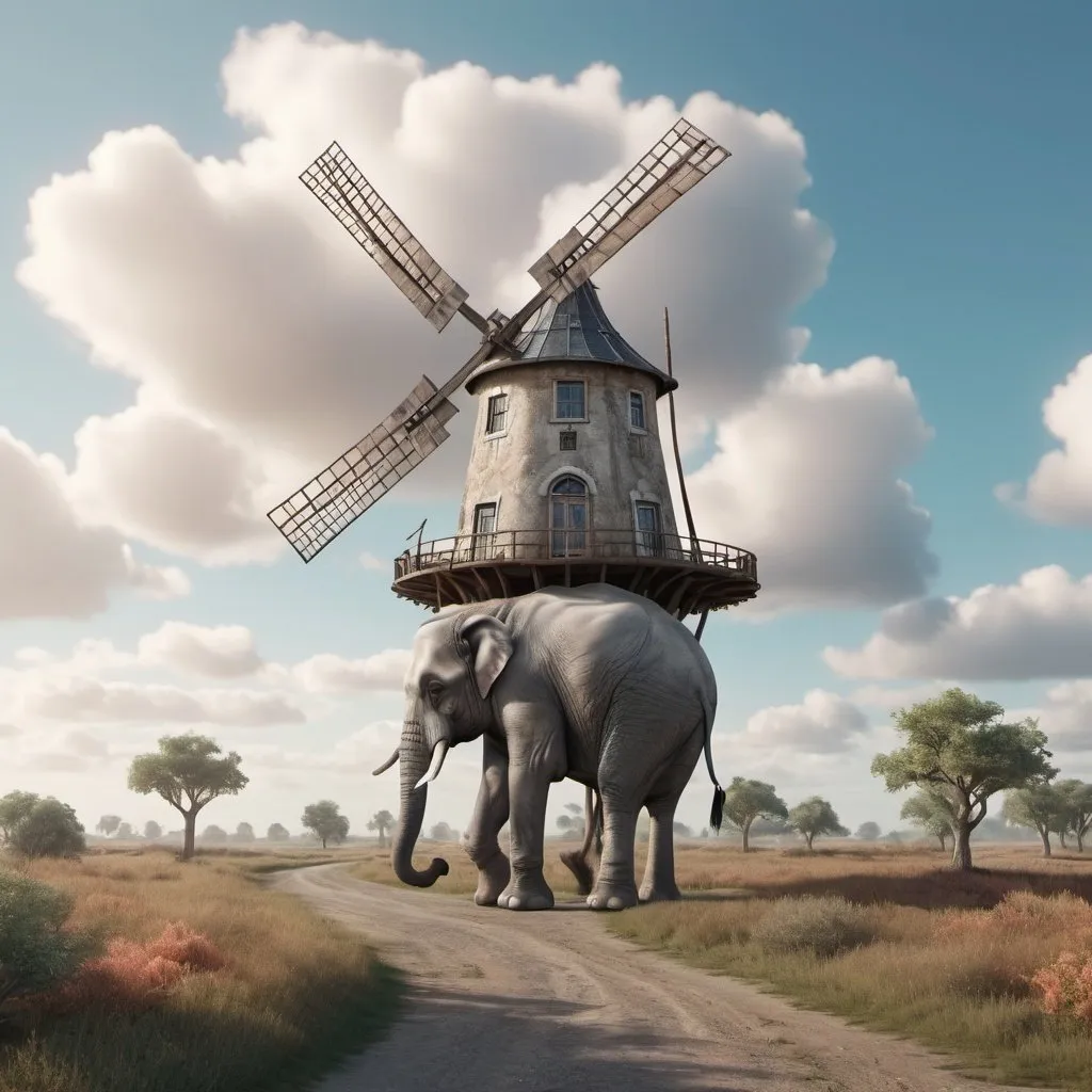 Prompt: Fantasy windmill on back of elephant. Surrealism. 8K, UHD, Photorealistic. 