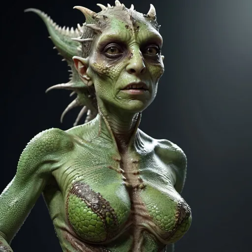 Prompt: Grotesque lizard woman. Full body. UHD. Photorealistic. 8K. Hyper detailed.