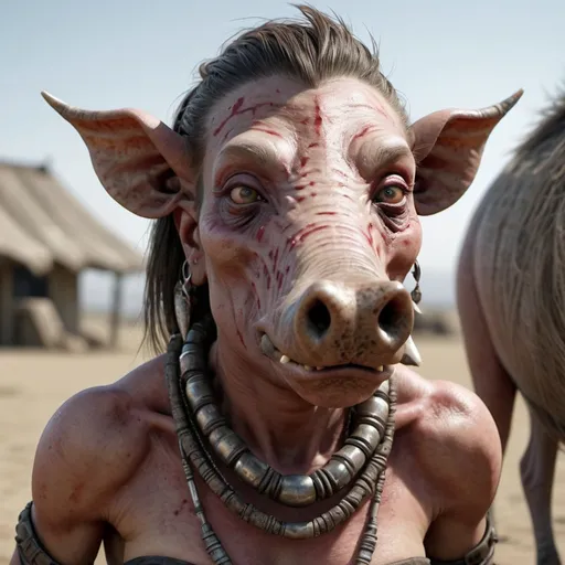 Prompt: Grotesque warthog woman. Full body. UHD. Photorealistic. 8K. Hyper detailed.