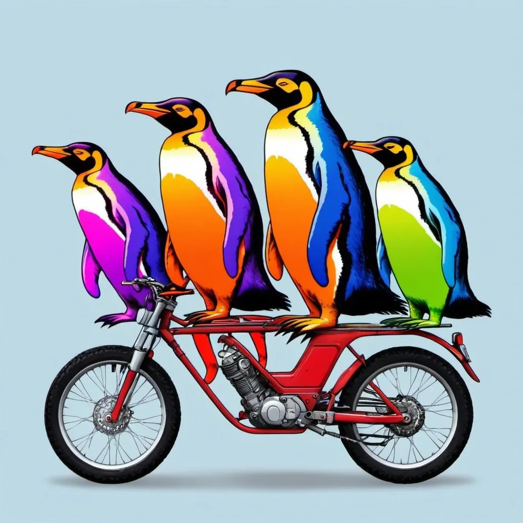 Prompt: Colourful penguins riding monkey