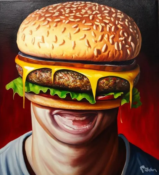 Prompt: Man with burger head oil painting