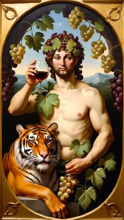 Prompt: Portrait of god Bacchus with vine leaves, grapes and tiger. Oil painting 