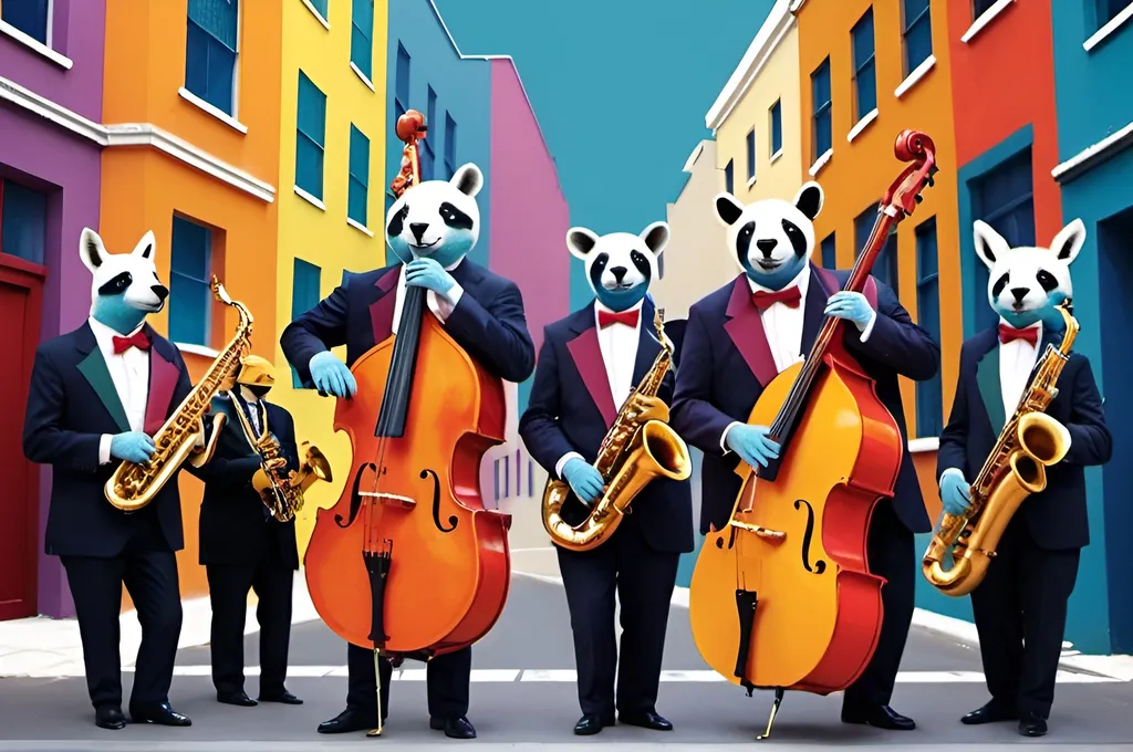 Prompt: Colourful animals jazz band city