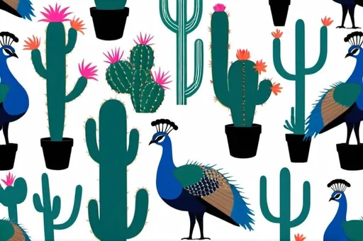 Prompt: Peacocks and cacti. Minimalist 