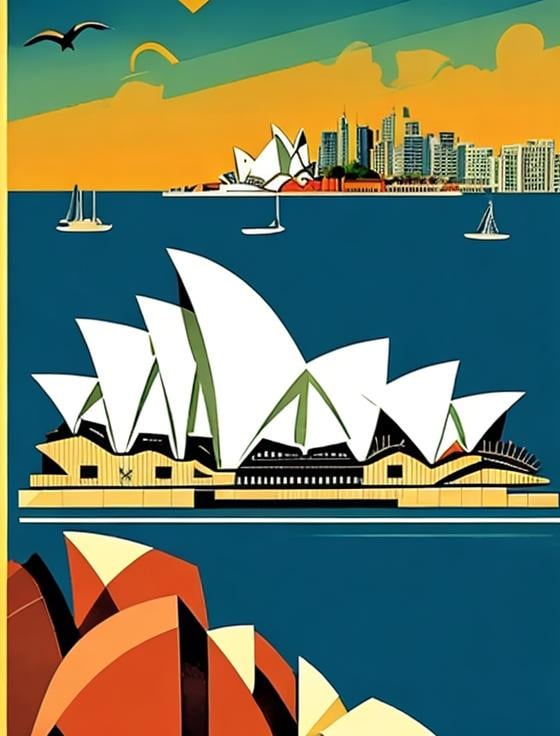 Prompt: art deco travel poster with sydney opera house