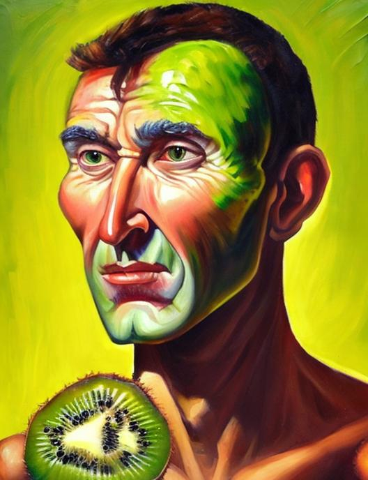 Prompt: Man with kiwi fruit head oil painting 