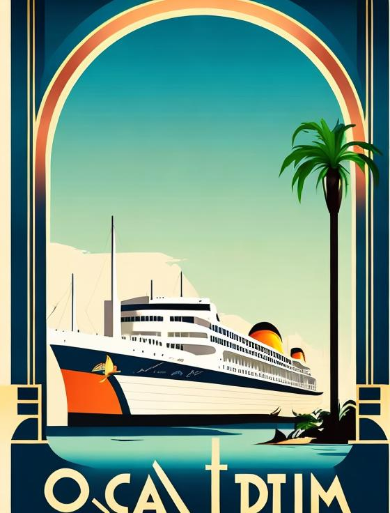 Prompt: Art deco travel poster with ocean liner
And palm trees

