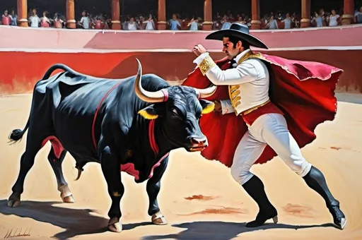 Prompt: bull fighting matador oil painting 