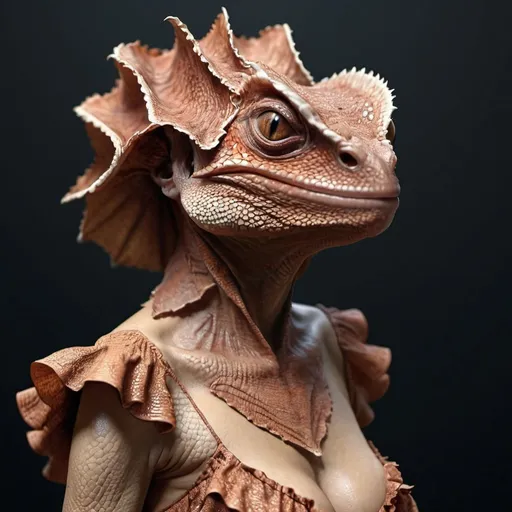 Prompt: Grotesque frilled lizard woman. 8K. UHD. Photorealistic. Hyper detailed. 
