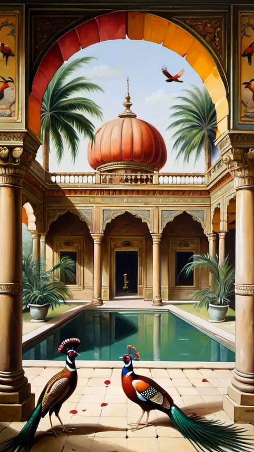 Prompt: Huge exotic palace with palm trees and pheasants painting 