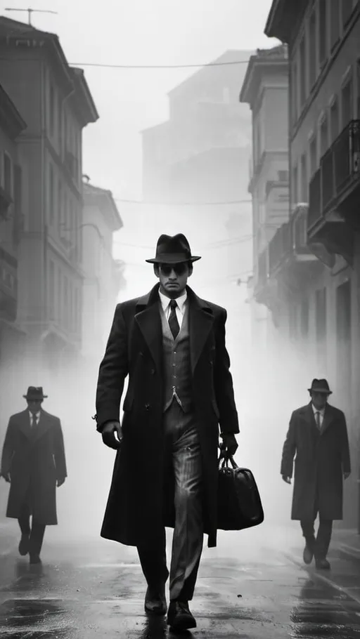 Prompt: Mafiosi in misty city street black and white 