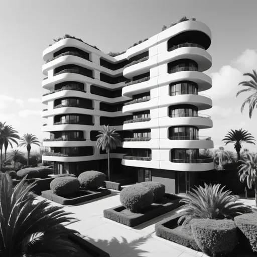 Prompt: Futuristic apartment block with palm trees and bushes. UHD 4K. Black and white 