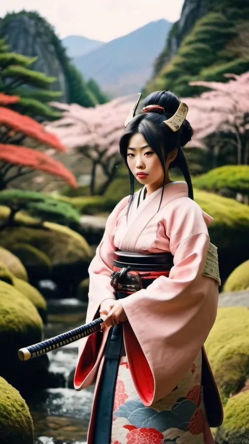 Prompt: weird samurai woman in Japanese landscape
