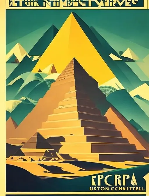 Prompt: art deco travel poster with pyramids