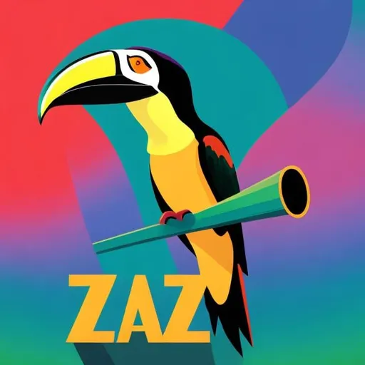 Prompt: Jazz album cover with toucans trumpets and musical notes