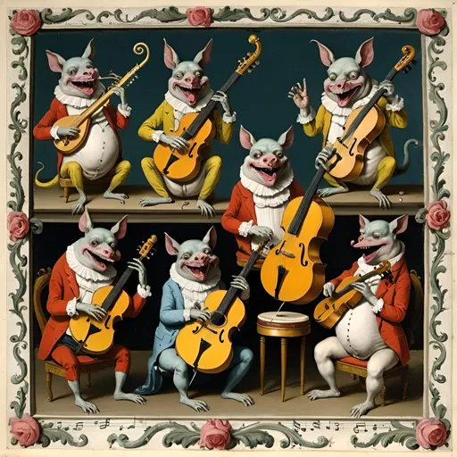 Prompt: grotesque animals playing musical instruments 