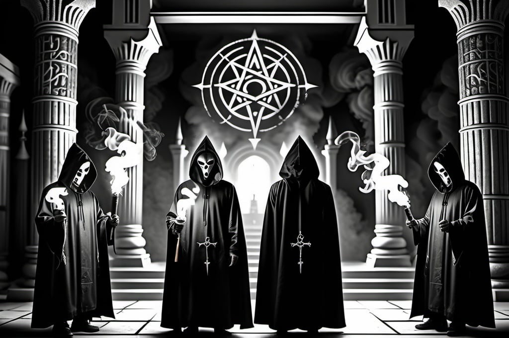 Prompt: Occult ritual inside temple. Lit by torches. Hooded figures wearing masks. Photorealistic. Black and white. 