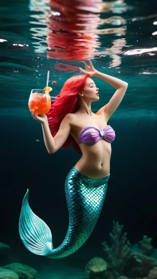 Prompt: Mermaid swimming in a cocktail. UHD  