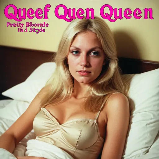 Prompt: Album cover for "Queef Queen". Pretty Blonde woman in bed. 1970s style