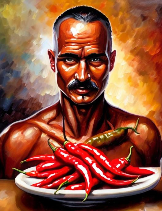 Prompt: Man with chilli head oil painting 