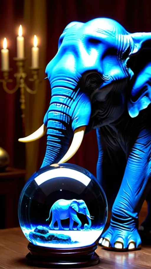 Prompt: Blue elephant sorcerer. Crystal ball. UHD. 