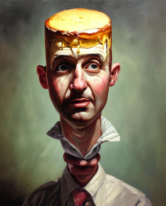 Prompt: Man with cake head oil painting 