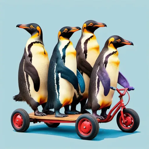 Prompt: Colourful penguins riding monkey