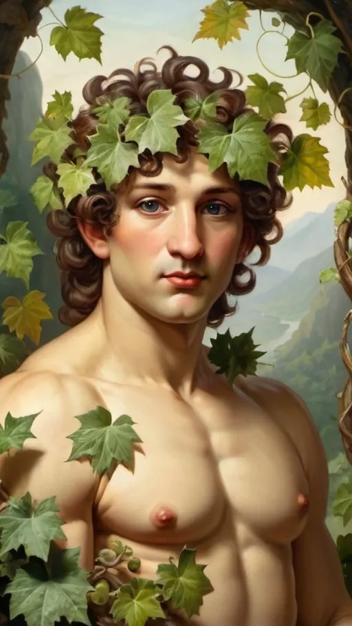 Prompt: portrait of Bacchus. Ivy and vine leaves. Mountain nymphs. Tiger. 