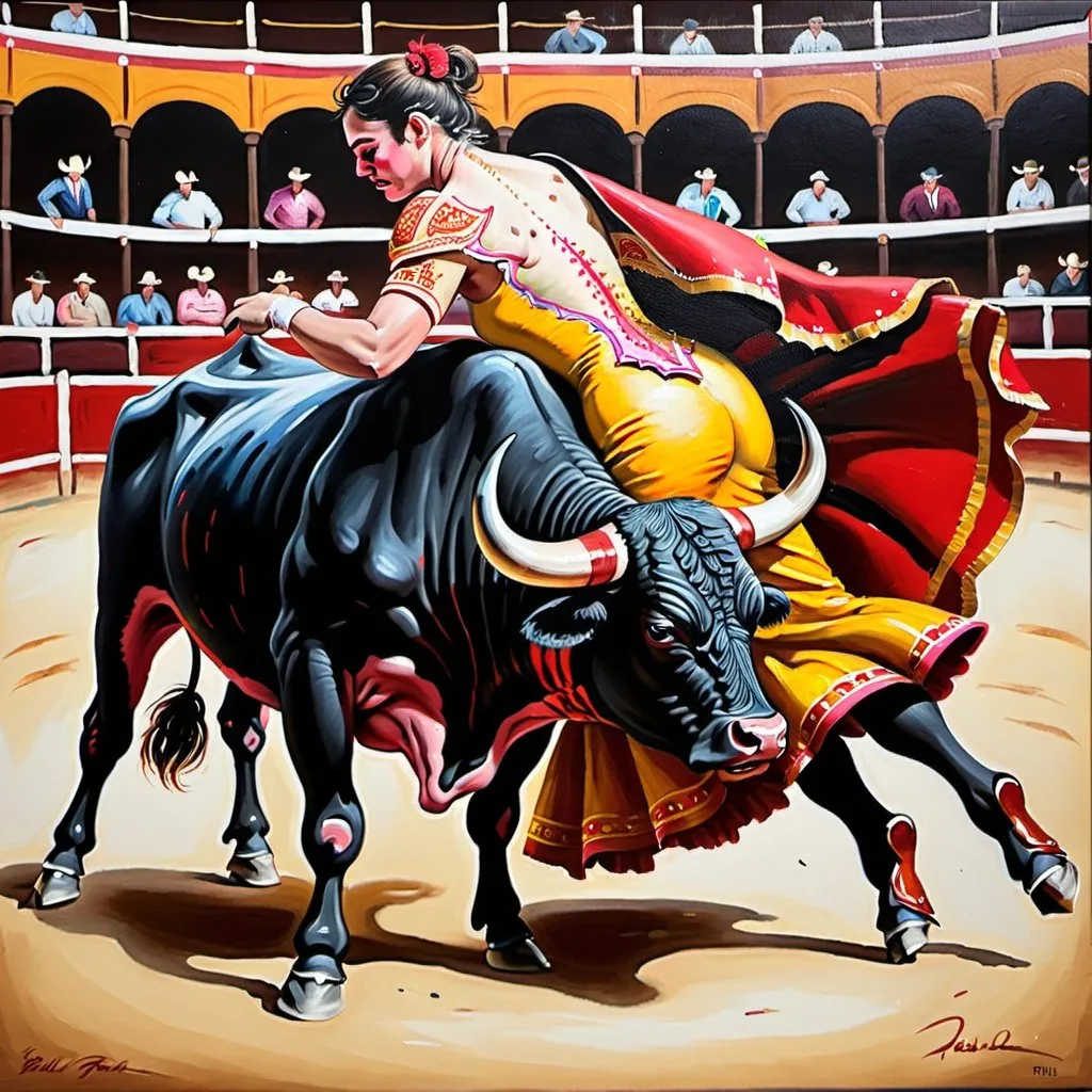 Prompt: Bull fighting oil painting 