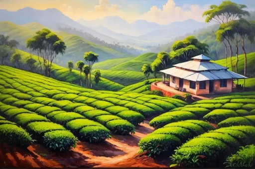 Prompt: Tea plantation in India. Oil painting 