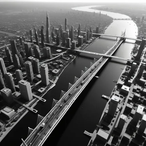 Prompt: Futuristic city. Bridges. Aerial view. UHD 4K black and white 