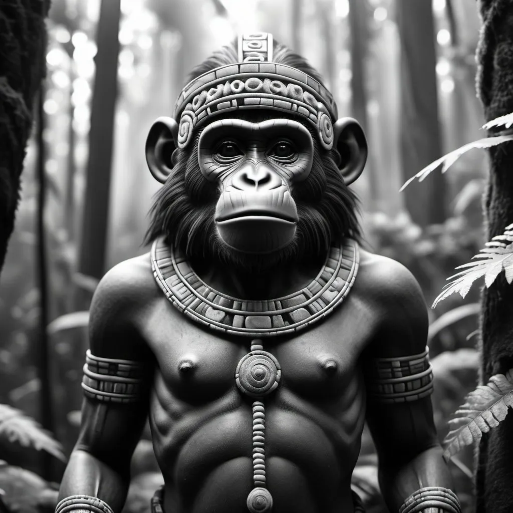 Prompt: Statue of Incan monkey god in forest. Photorealistic. Professional photography. Highly detailed. Black and white. 