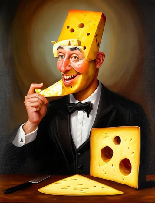 Prompt: Man with cheese head oil painting 