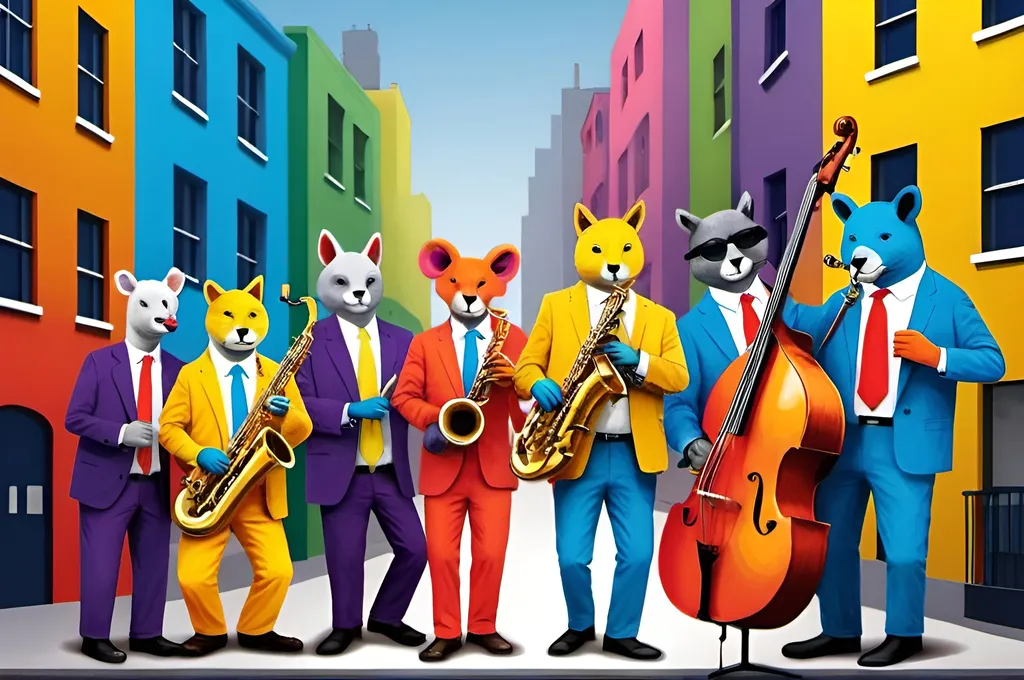 Prompt: Colourful animals jazz band city