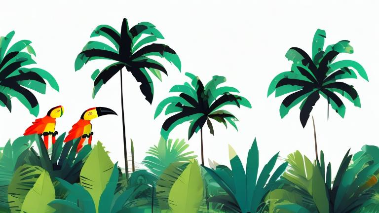 Prompt: Landscape with palm trees and toucans minimalist style 