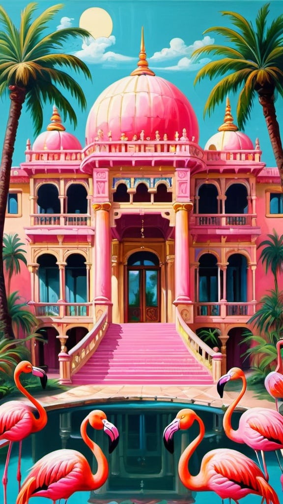 Prompt: Huge exotic palace with palm trees and flamingos painting 
