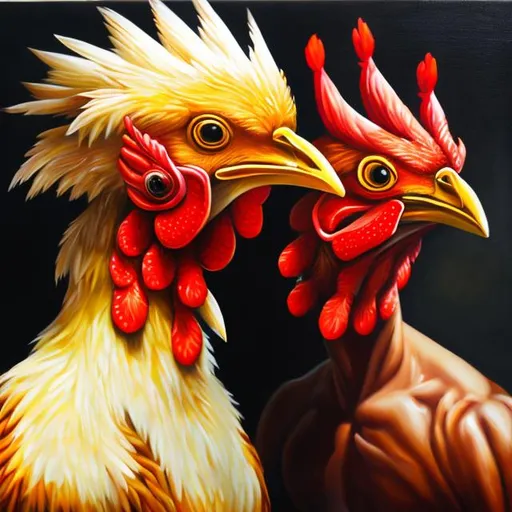 Prompt: Man with chicken head oil painting