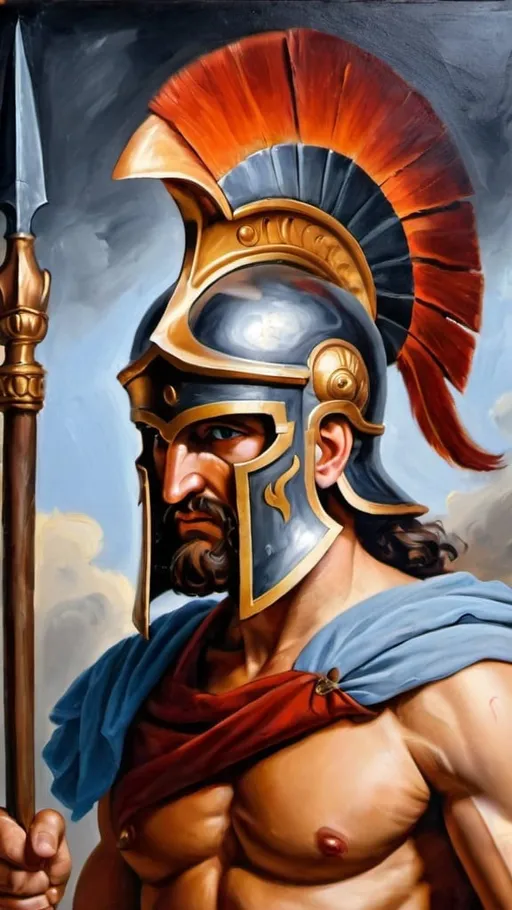 Prompt: Portrait of god Ares in Greek helmet. Holding spear. Oil painting 
