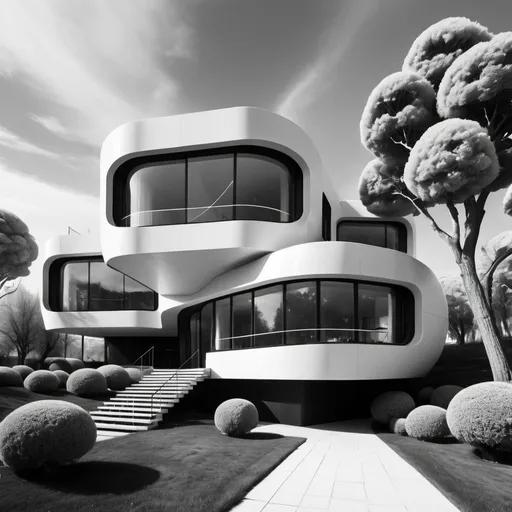 Prompt: Futuristic house with trees. UHD 4K. Black and white 