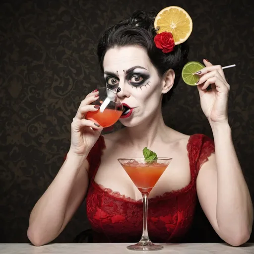 Prompt: Grotesque woman drinking cocktail