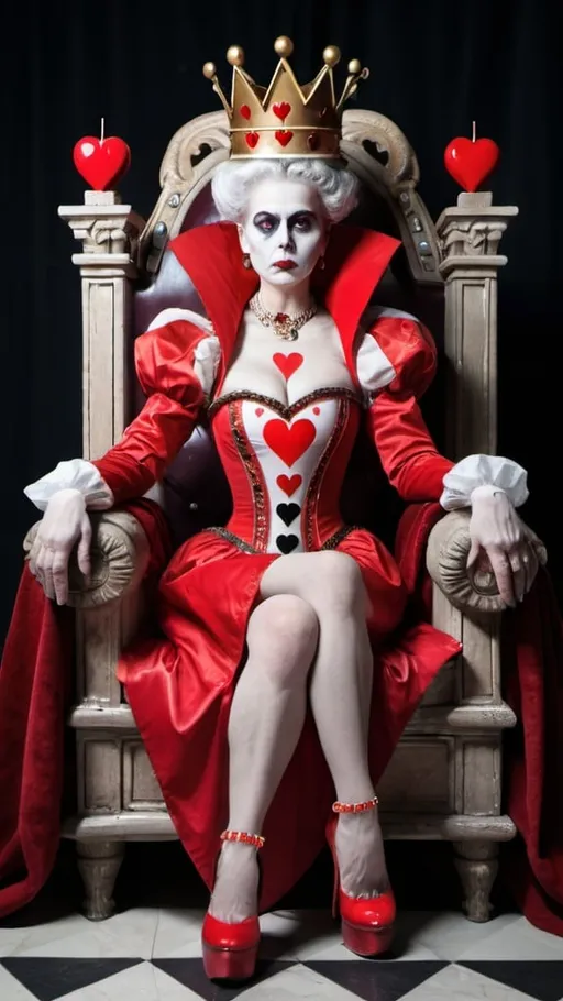 Prompt: Queen of Hearts sitting on throne. Grotesque 