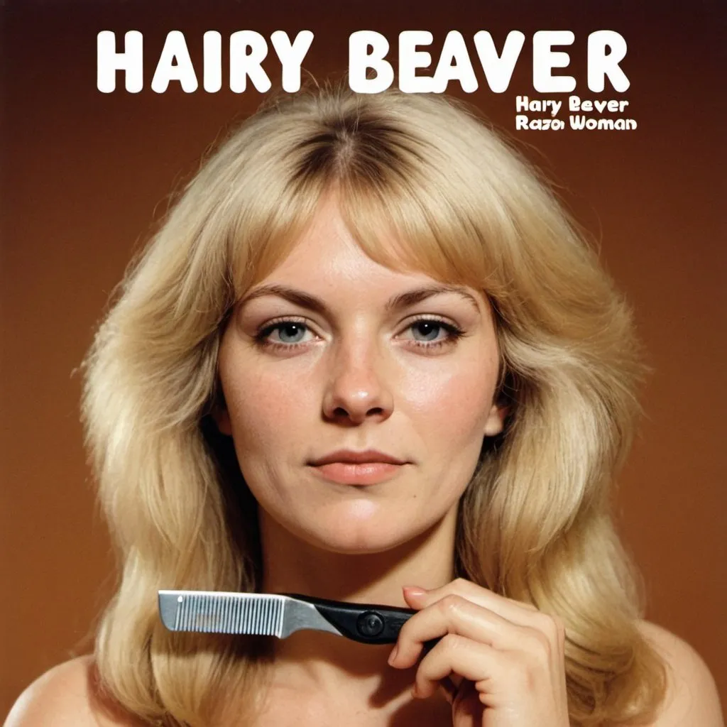 Prompt: Album cover for "Hairy Beaver". Blonde woman with razor. 1970s style