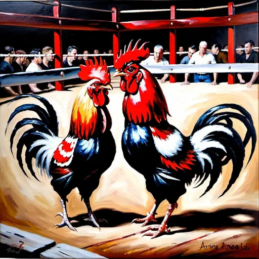 Prompt: Roosters fighting in an arena oil painting