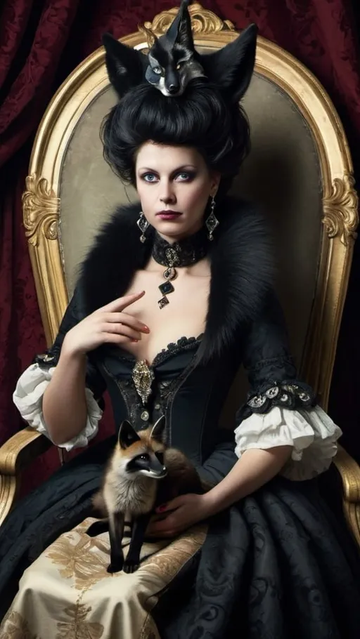 Prompt: Queen of spades holding black fox. Rococo