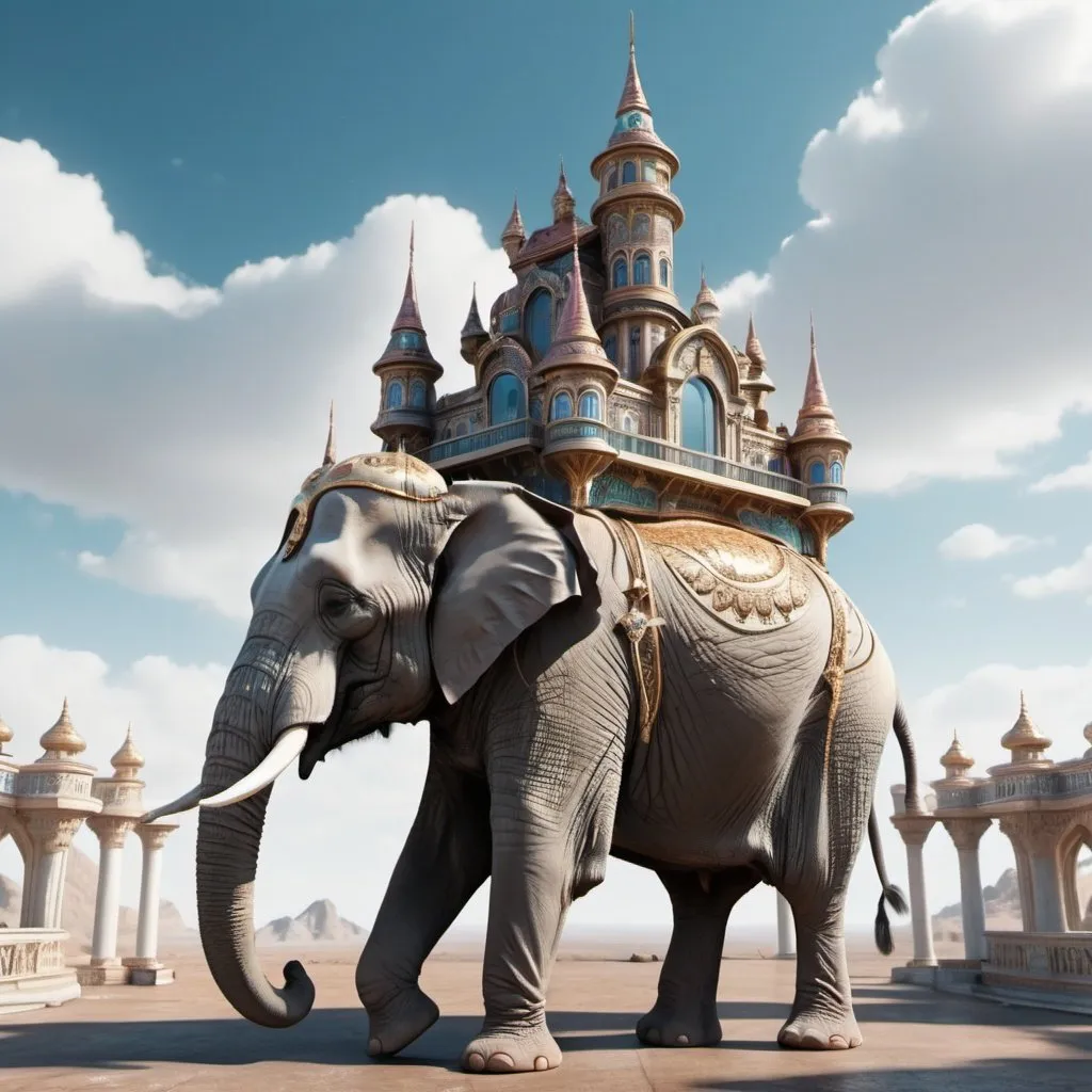 Prompt: Fantasy palace on back of elephant. Surrealism. 8K, UHD, Photorealistic. 